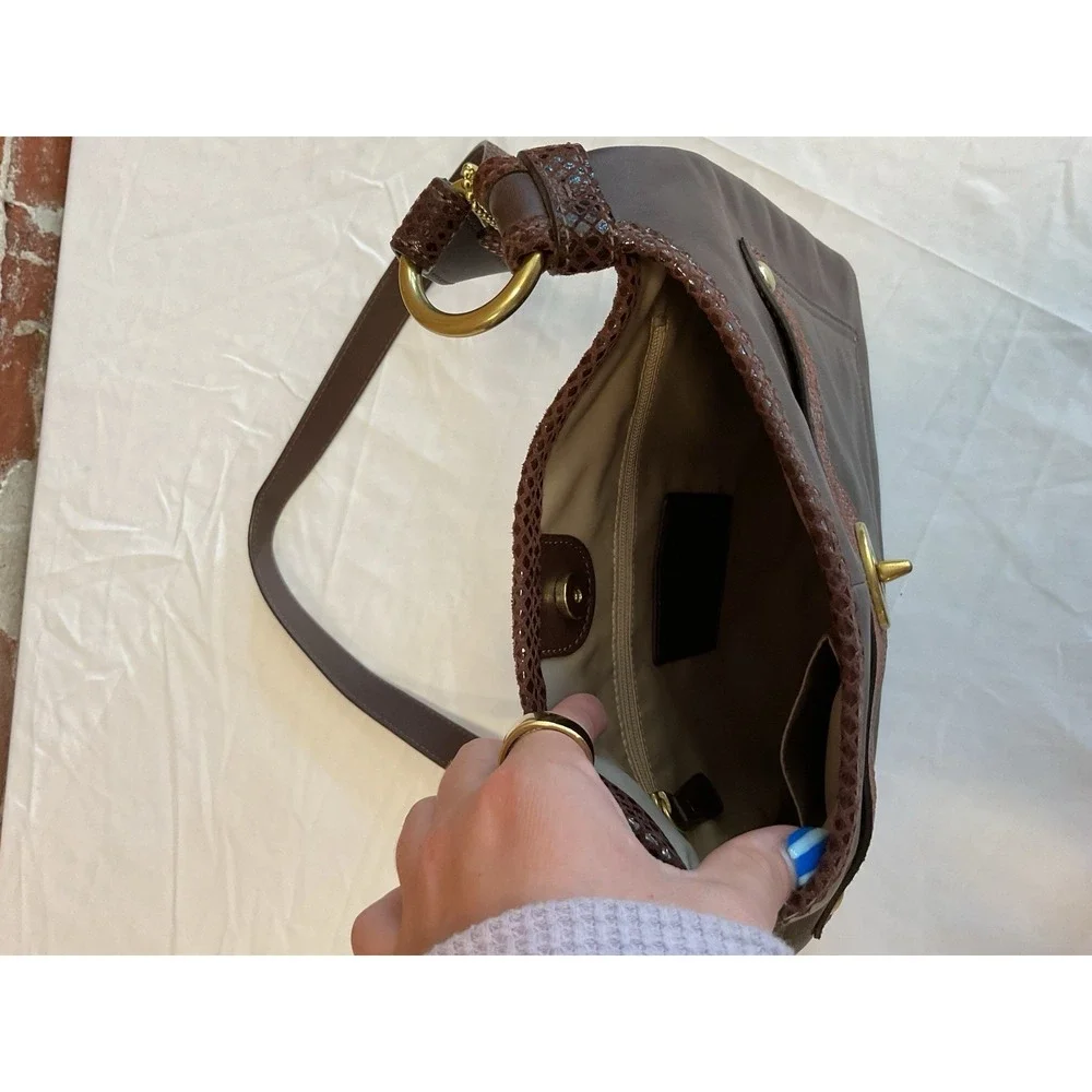 COACH Brown Leather Crossbody Bag Snake Embossed Trim Brass Hardware NWT $248